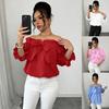Women's Spring Summer New Hollow Out Lace Bow One-Shoulder Top