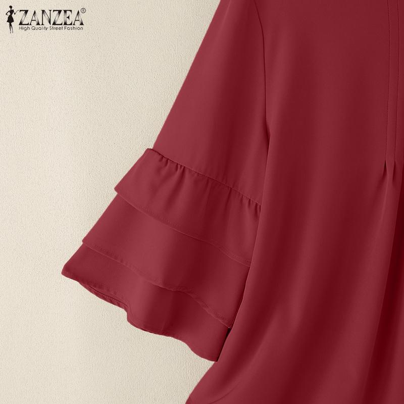 ZANZEA Women Casual Round Neck Solid Color 3/4 Sleeve Loose Blouse