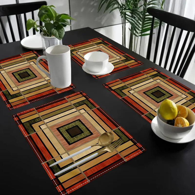 4-Pack Linen Placemats, 12x18 Inch Rectangular Table Mats, Abstract Geometric Stripe Design, Machine Washable Dining Decor for Home, Kitchen, Party