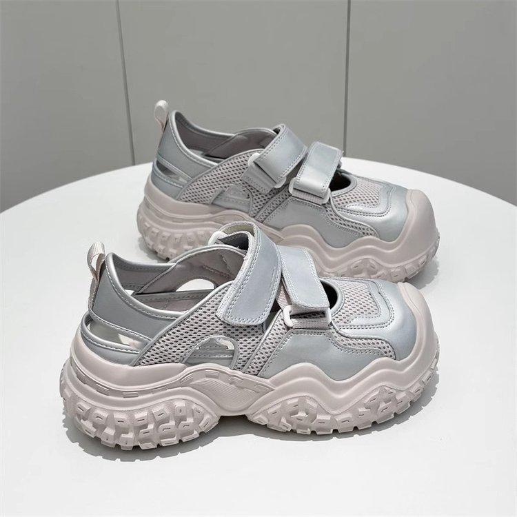 

Leather platform sandals women s 2025 summer new mesh breathable heightening Velcro ugly cute hollow dad shoes tide 40