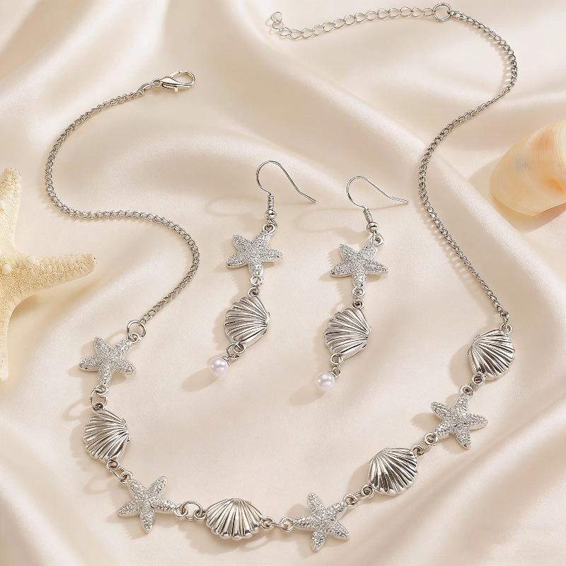 Gold Plated Starfish & Shell Jewelry Set, Ocean Themed Necklace, Earrings & Bracelet for Women