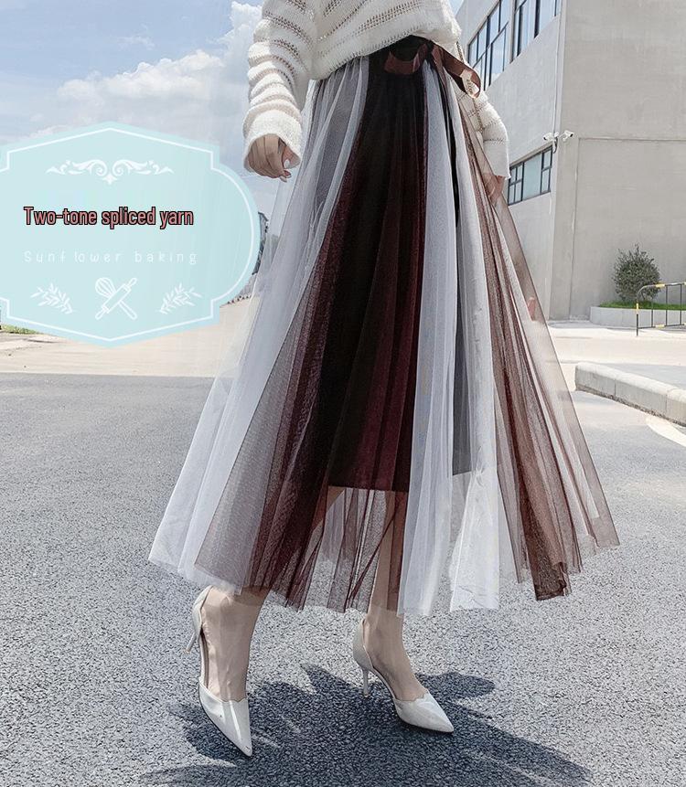 2024 Color-Block Mesh Dress - Gentle, Korean-Style, Four-Season Long Skirt