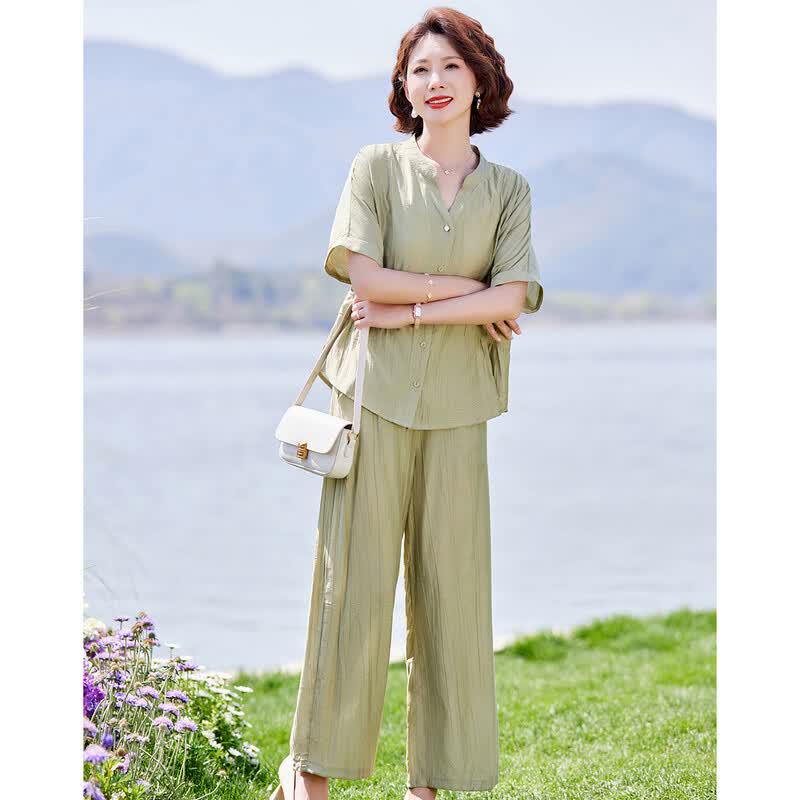Women's Mid-Aged Summer V-Neck Top & Cropped Pants Set