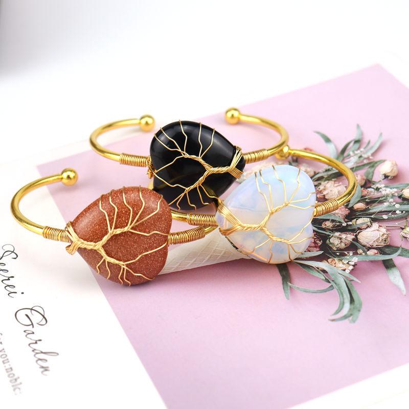 Handmade Gold Winding Natural Crystal Rough Stone Amethyst Heart-Shaped Tree Of Life Bracelet Bracelet Bracelet B24