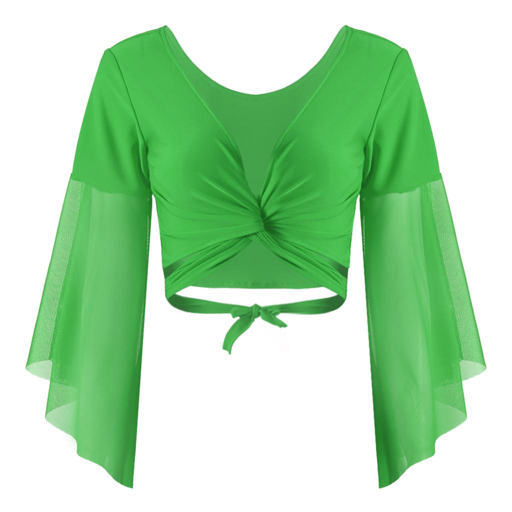 Women 3/4 Tulle Flared Sleeve Crop Top Dancewear Lace-up Indian Belly Dance Costume Tops