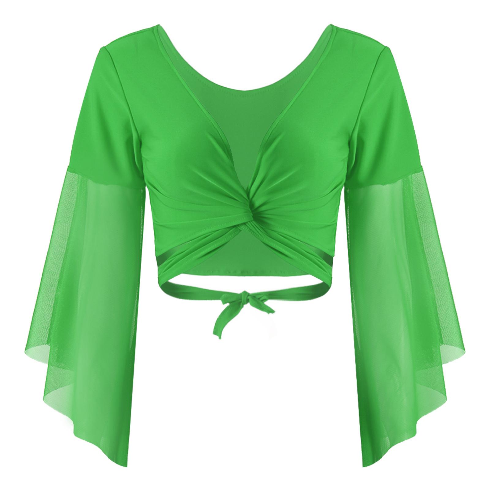 

Жіночі Топи для Танцю Живота на Шнурівці Три чверті Тюлеві Розкльошені Рукави Кроп-топ Танцювальний Одяг Костюм для Сценічного Шоу One Size зелений