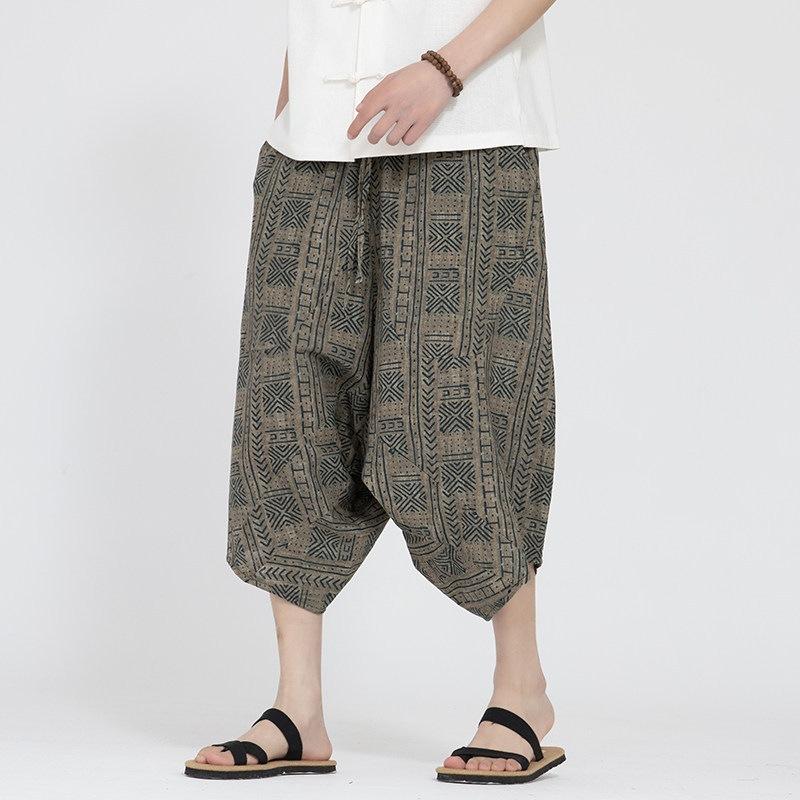 Chinese style men's summer new printed large pants beach pants large size trend loose zen seven-point Harlan pants
