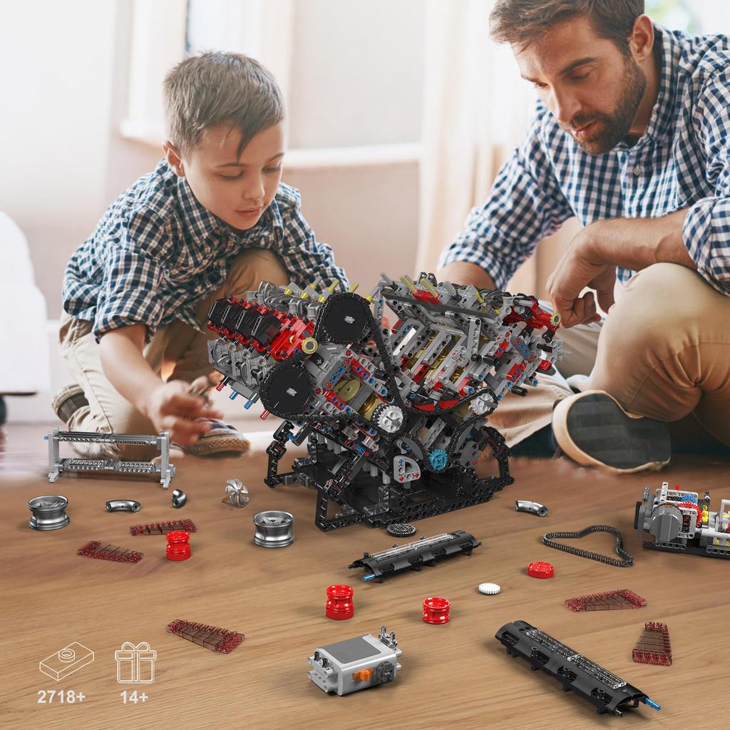 Mould King 10130 MOC Technology Inline Gasoline Engine Cylinder Liter V8 Engine Technology Clamp Block Includes Box (V8) 8-Cylinder Kit, 3.9