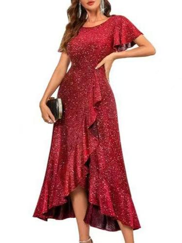 European and American women's clothing new high-waisted split ruffle edge dress cocktail party elegant shiny dress