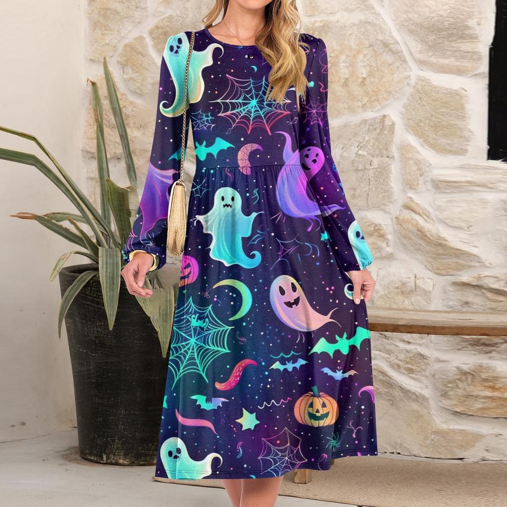 Women's Fashionable Loose Halloween Printed Round-neck Dress
