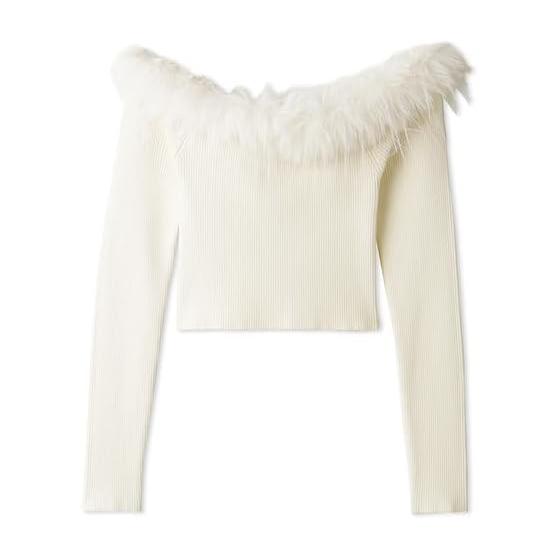 [Sneider] Off Shoulder Faux Fur Docking Knit Pullover SWNT235086 Women s
