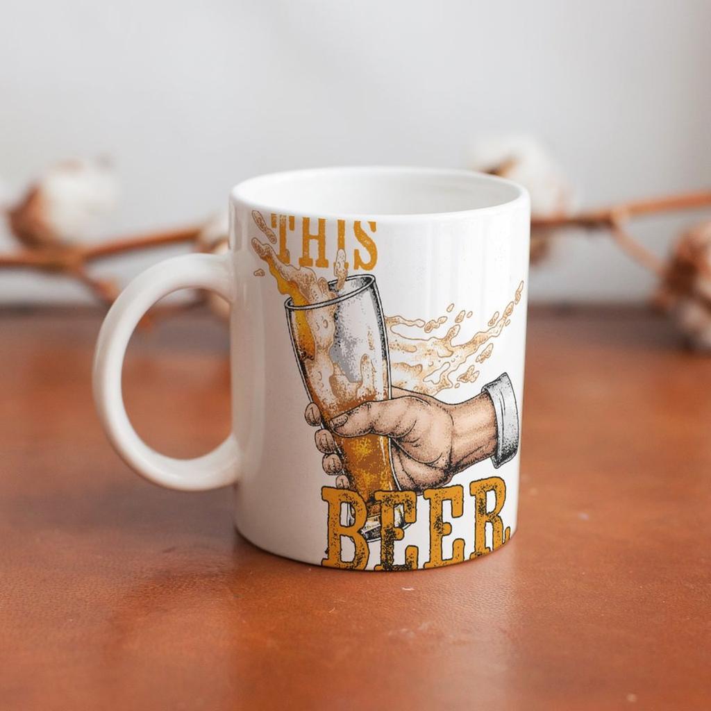 1pc 11oz Ceramic Mug with Double-Sided Print for Beer Fans, Perfect Daily Coffee Cup