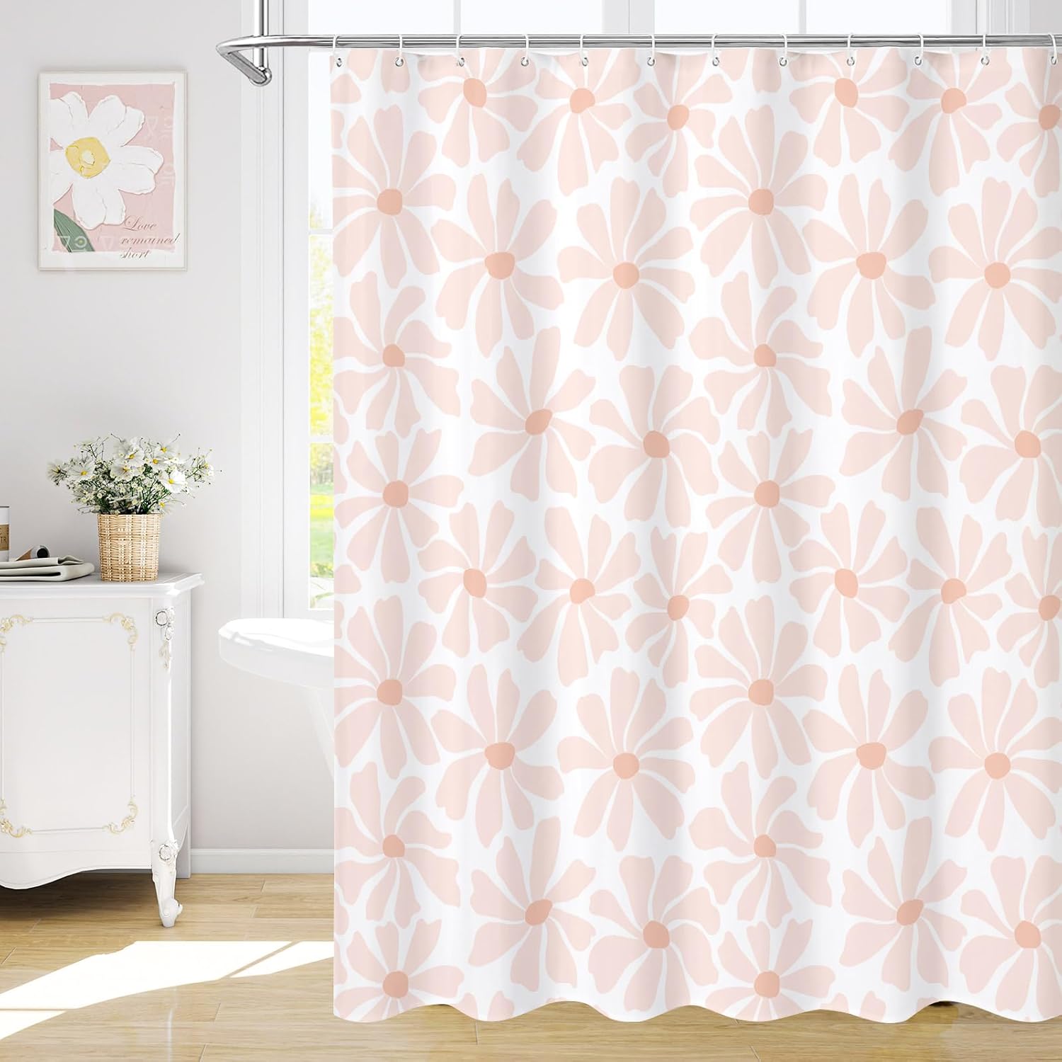 

Green Daisy Floral Shower Curtain, Boho Spring Flower Shower Curtain for Girly Bathroom, Modern Minimalist White Waterproof 90x180CM