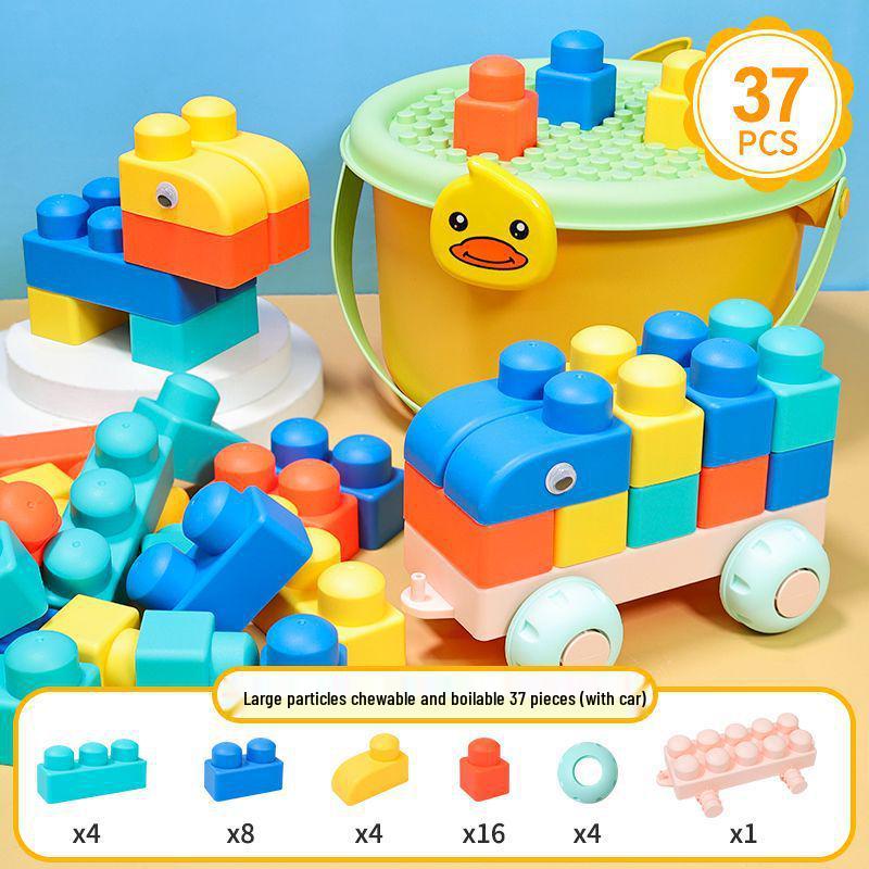 Large Soft Rubber Building Blocks for 1-Year-Olds – Educational DIY Toys with Storage Bucket for Toddlers