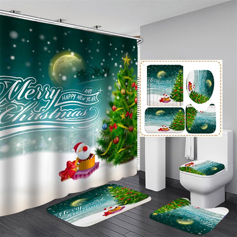 Santa Vánoční sada sprchových závěsů Vanová předložka Protiskluzový koberec Koupelnová přepážka Vodotěsná Domácí dekorace Cortinas Para Ba ñO