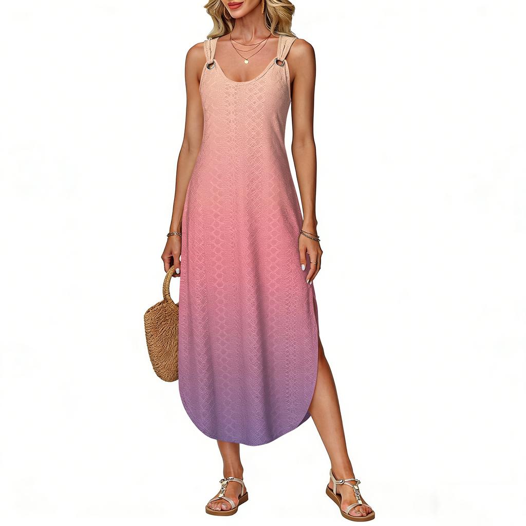 Women's Summer Long Dress, Sleeveless with Side Slits, Long Gradient Vest Dress