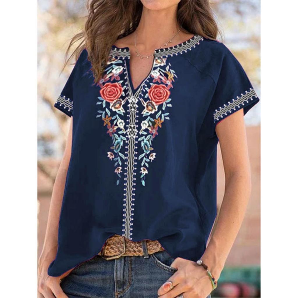 Summer New Ethnic Print Short Sleeve T-Shirt Top for Women, Hot Selling Popular Female Clothing