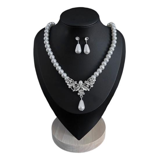 2Pcs/Set Imitation Pearl Jewelry Set Retro French Style Blue Waterdrop Faux Gem Charm Necklace Earrings Set