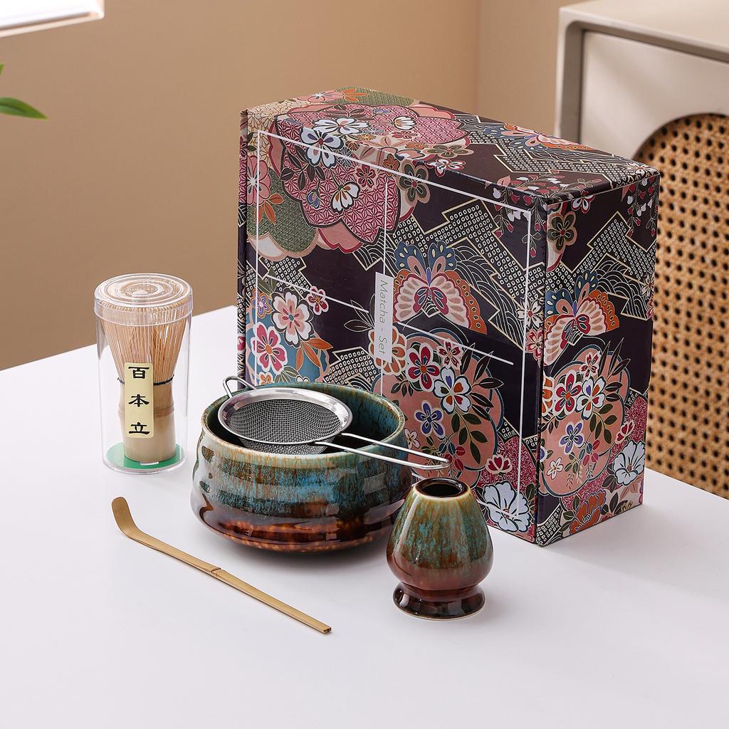 Japanese Matcha Tea Set Ceramic Chawan Bowl Whisk Holder Scoop Spoon Sieve Gift Traditional Tea Ceremony Kit for Home Restaurant