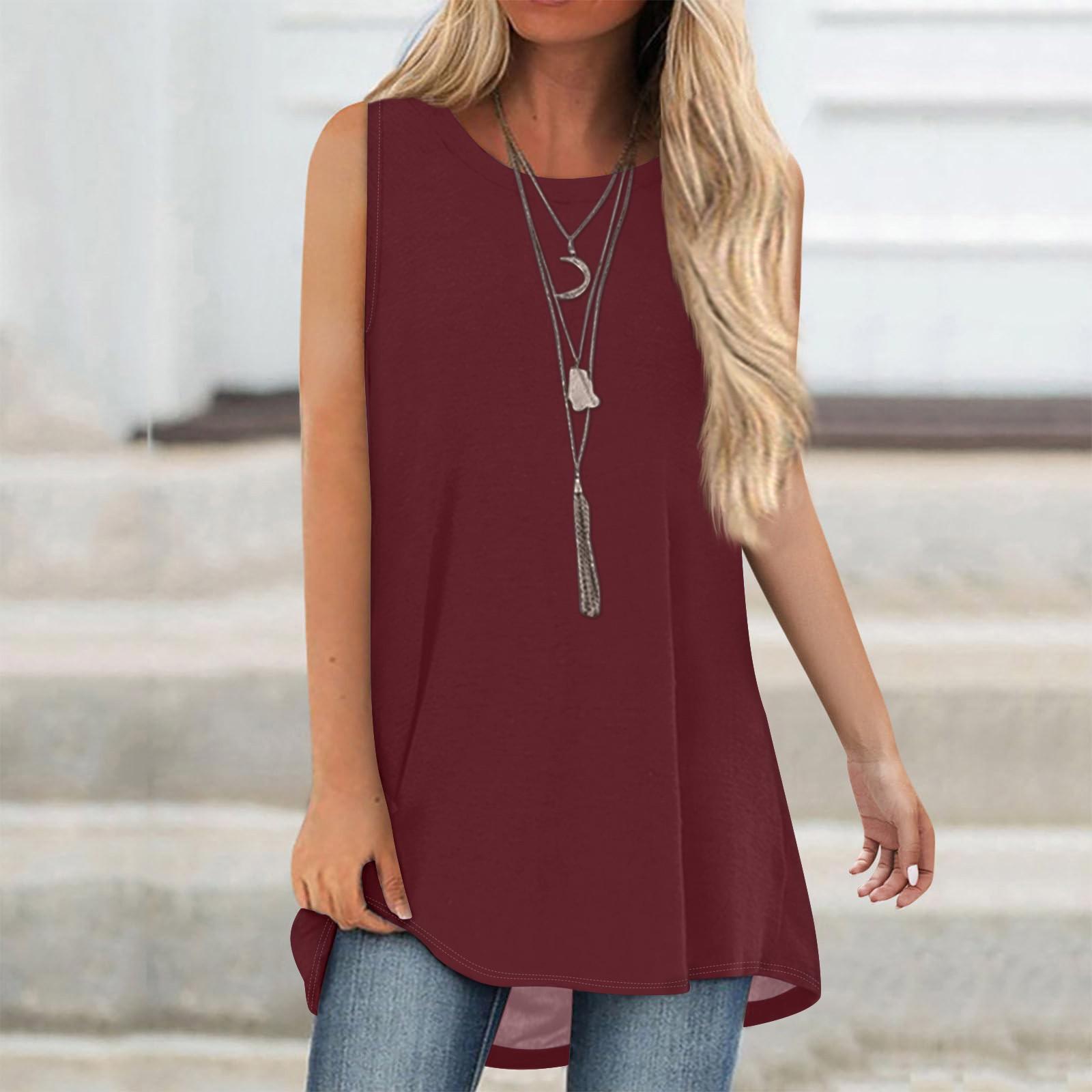 

Женская летняя повседневная безрукавка с круглым вырезом, однотонная майка с изогнутым краем XL винный