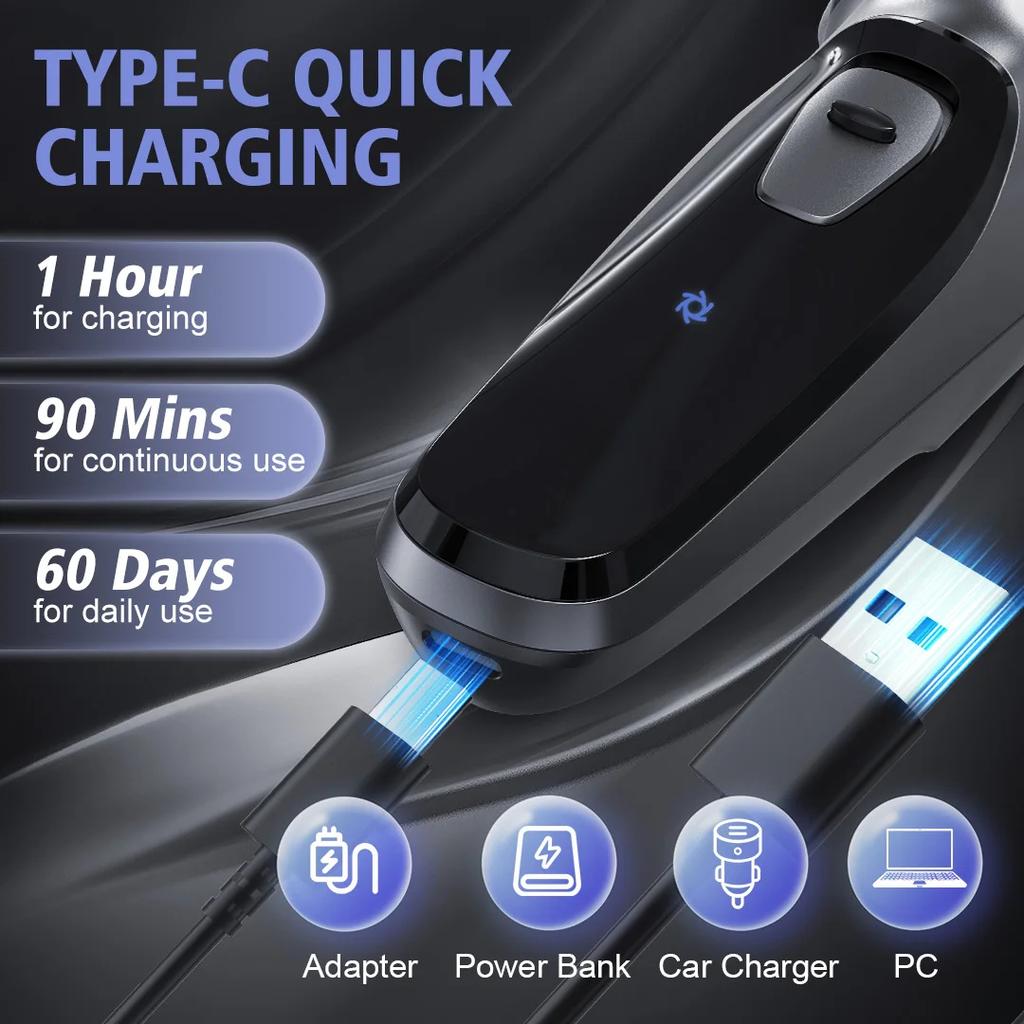 Electric Rotary Shaver Razor for Men Type-C Rechargeable Shaving Beard Machine Wet & Dry Use Hair Cutting Trimmer