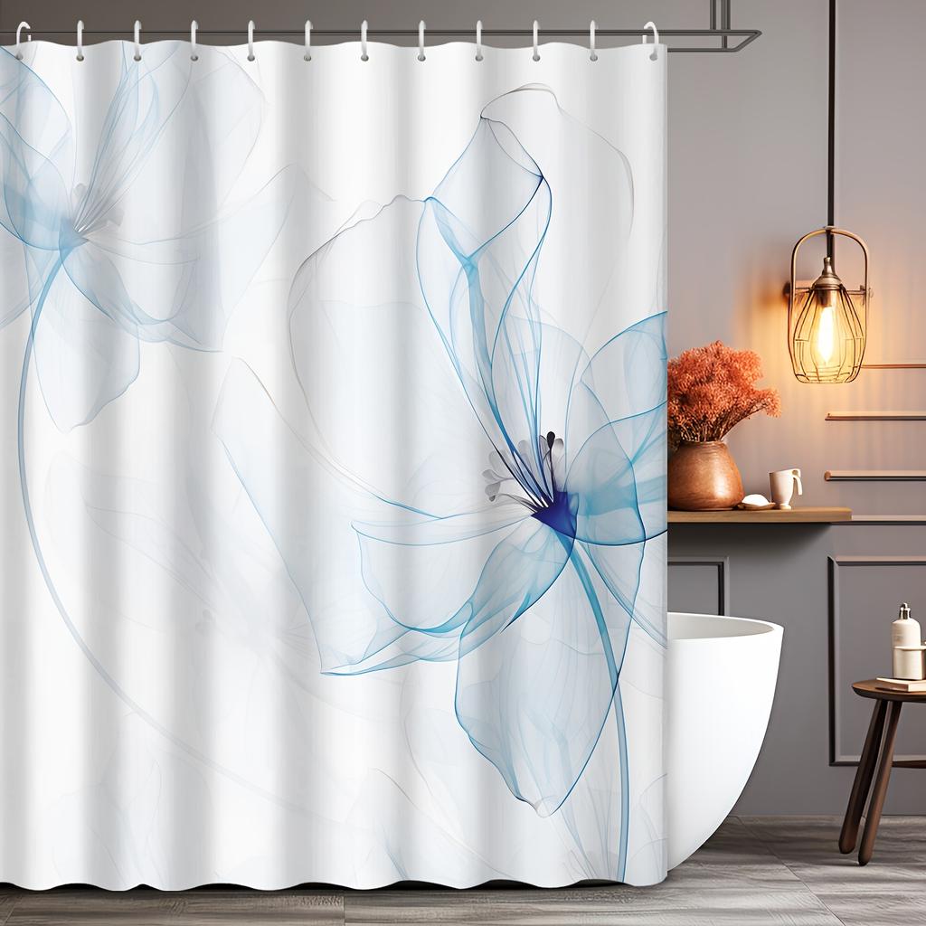 Blue Abstract Flower Shower Curtain Minimalist Design Elegant Bathroom Decor Water Resistant Fabric Bath Curtain Set Modern Home