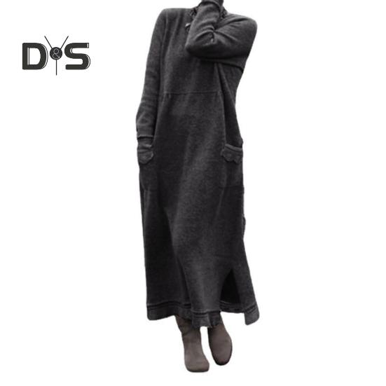 

Женское платье осень-весна с карманами, свободные длинные рукава, разрез по низу, чистый цвет, большие размеры, трикотажная кружевная отделка, повседневное платье макси 3XL