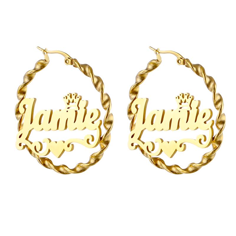 Customized Name Earrings Stainless Steel Twist Earrings Gold Nameplate European and American Fashion Anniversary Ladies Jewelry 4cm&Gold-01 золотой