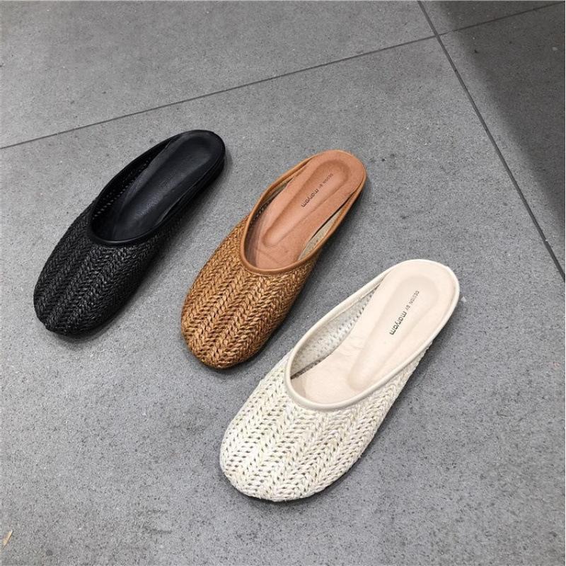 Breathable woven bag head cool slippers women's summer wear soft bottom 2025 small fragrant style advanced sense pig cage Muller slippers tide