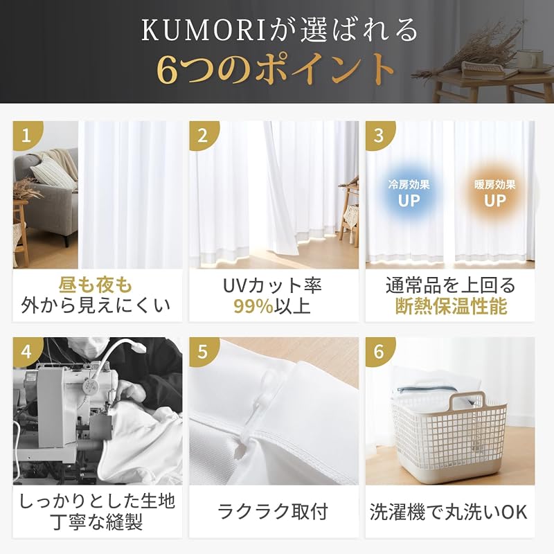 Kumori Lace Curtains: UV Protection Rate of Over 99%, High Privacy, Opaque, Difficult To See Through Day and Night, with Hooks (approx. 100cm Wide X