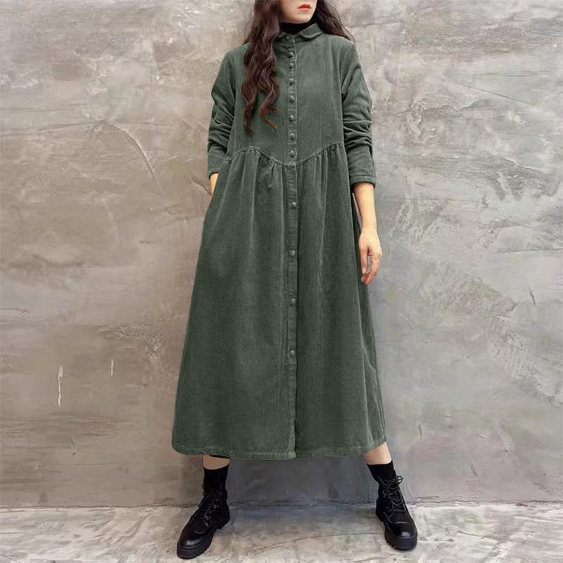 Women's Maxi Dress Turn Down Collar Long Sleeve Retro Long Dress Plus Size Coats