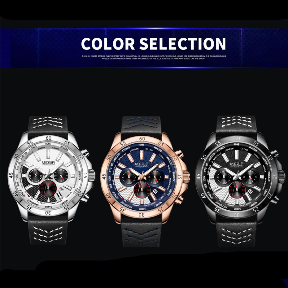 MEGIR Sports Watches for Men Luxury Quartz Clock Chronograph Leather Fashion Casual Wristwatch Military Watch Reloj Hombre 2103