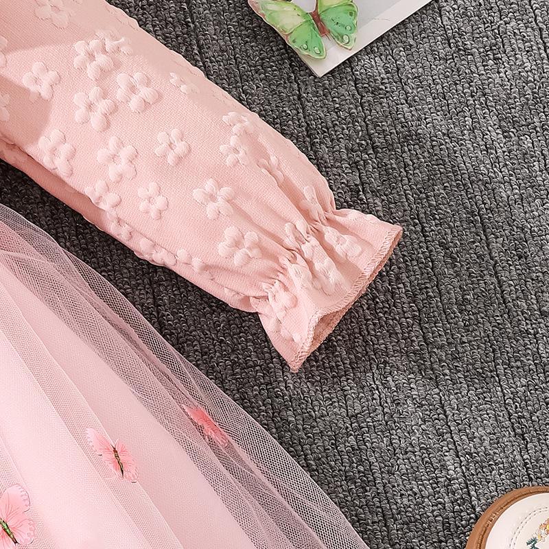 Girl Sweet Mesh Dress Autumn Winter New Lace Long Sleeve Butterfly Design Princess Dress