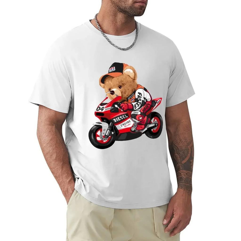 Cute Teddy Bear Riding Motorcycle T Shirt Harajuku Short Sleeve T-shirt 100% Cotton Graphics Tshirt Tops