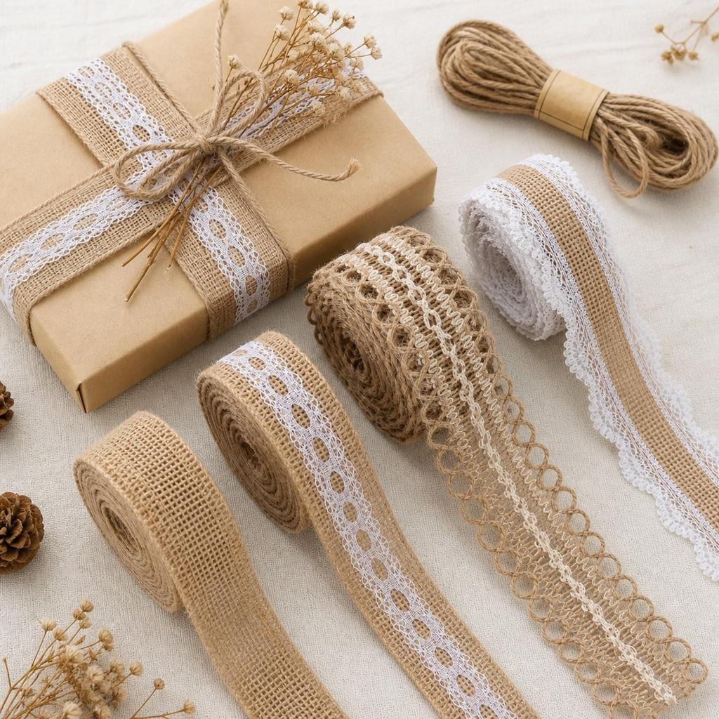 4 Rolls Jute Lace Ribbon with Twine Textured Burlap Trim Environmentally