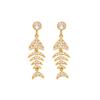 Qiong Yao Geometric Zirconia Fish Bone Earrings - 18K Gold Plated Stainless Steel, Versatile European American Fashion Ear Clips