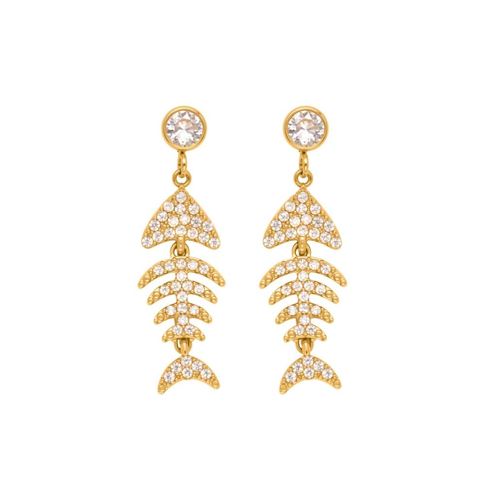 Qiong Yao Geometric Zirconia Fish Bone Earrings - 18K Gold Plated Stainless Steel, Versatile European American Fashion Ear Clips