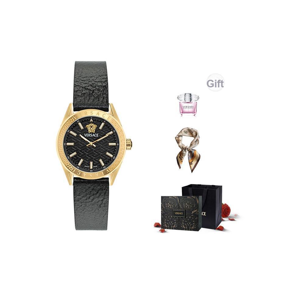 

Versace Quartz Watch With Leather Strap Pink Dial Limited Edition Gift Box With Scarf And Fragrance Women watches VE8I00124 Black
