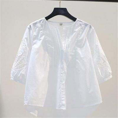 Katoenen Geborduurde Blouses Dameshemd Halve Mouw Uitgesneden Zomer Top Ronde Hals Los Casual Met Knopen Wit Dameshemd