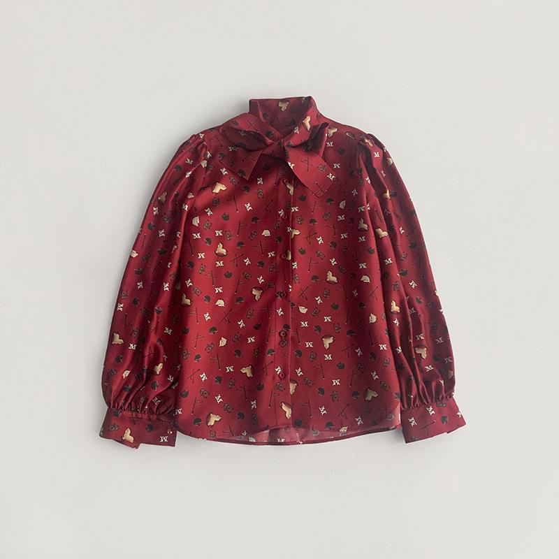 

Silk Print Ribbon Style Straight-Cut Blouse with Double Slits 36 красный