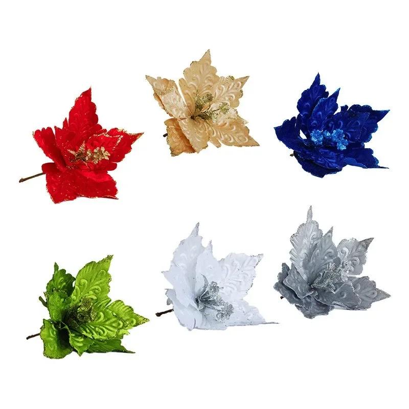 1pcs 28cm Christmas Glitter Artificial Poinsettia Flowers Artificial Xmas Tree Decor for Home Party New Year Ornaments