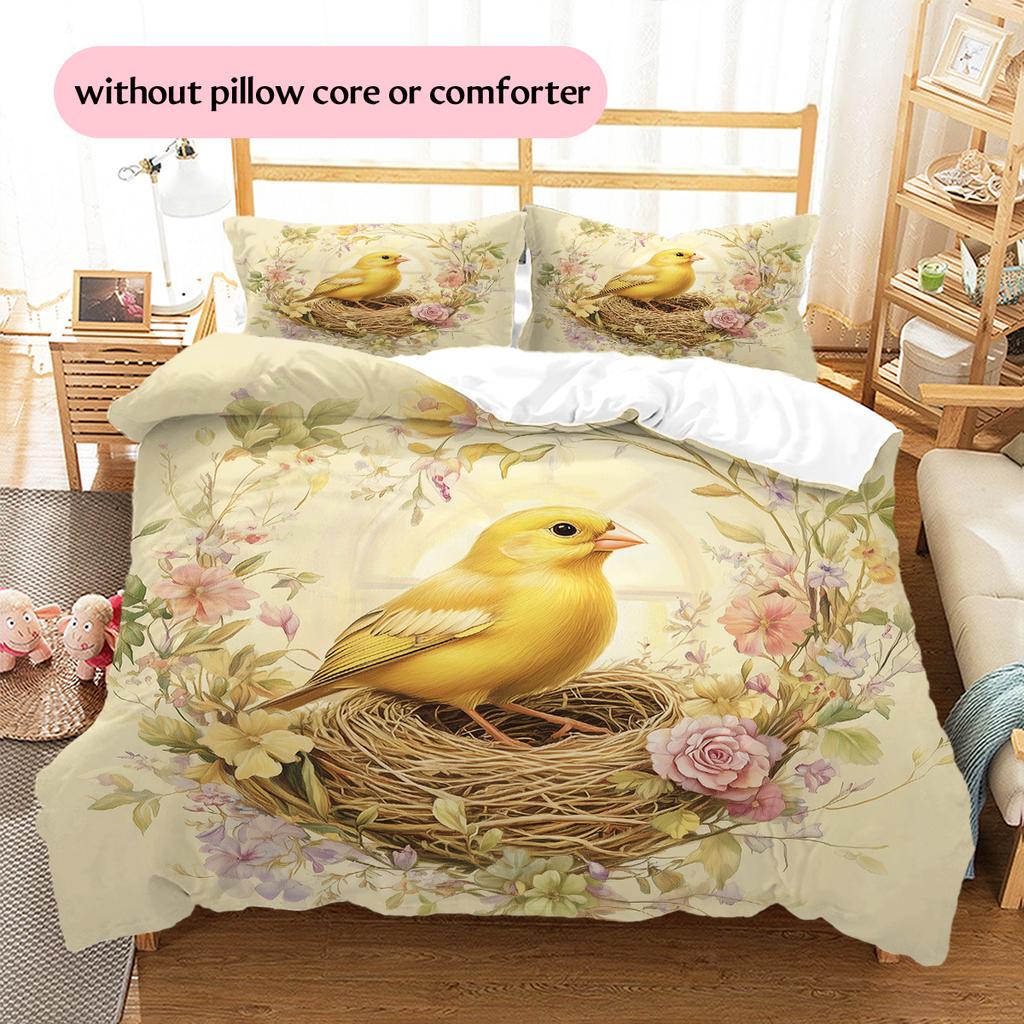 Bird's Nest with Flower Wreath  Pattern Bedding Quilt Set  Home Decoration  Gift (1 * duvet cover + 2 * pillowcase, without core)