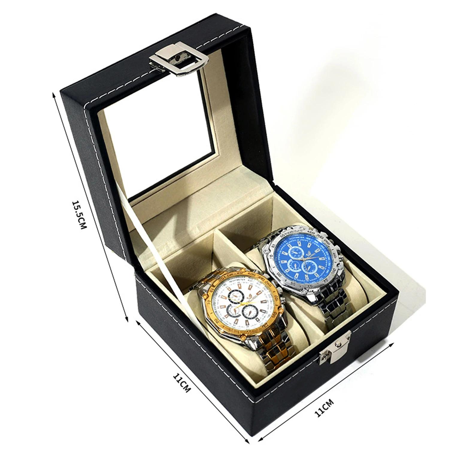 Luxury Black PU Leather Watch Box with Glass Top Velvet Lined Lockable Flip Top Rectangular Display Case for 2/3/6 Watches Box