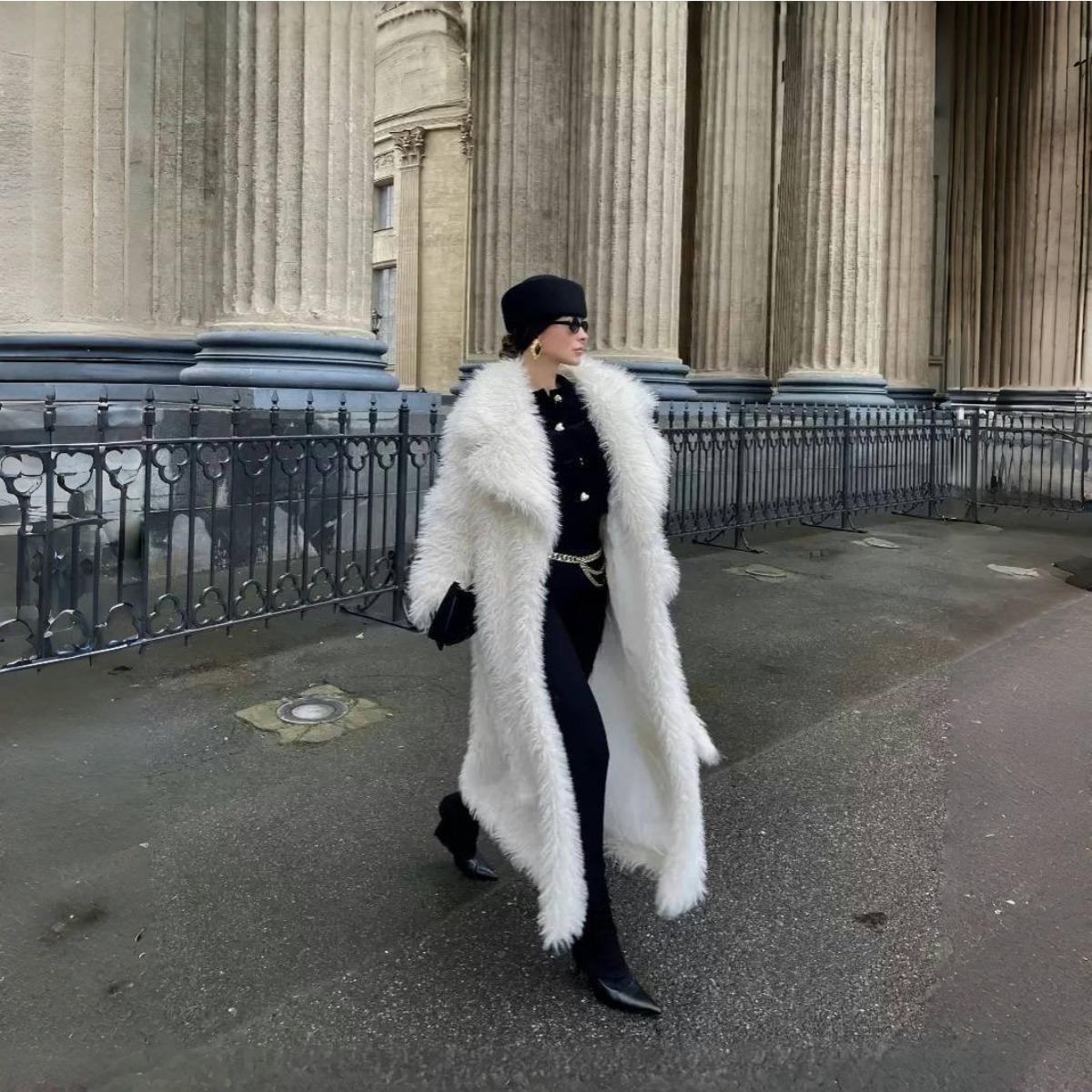 

Повседневное длинное женское пальто из искусственного меха, городское, с длинными рукавами, лацканами и карманами, утолщенное, женская уличная одежда, осень-зима XL белый
