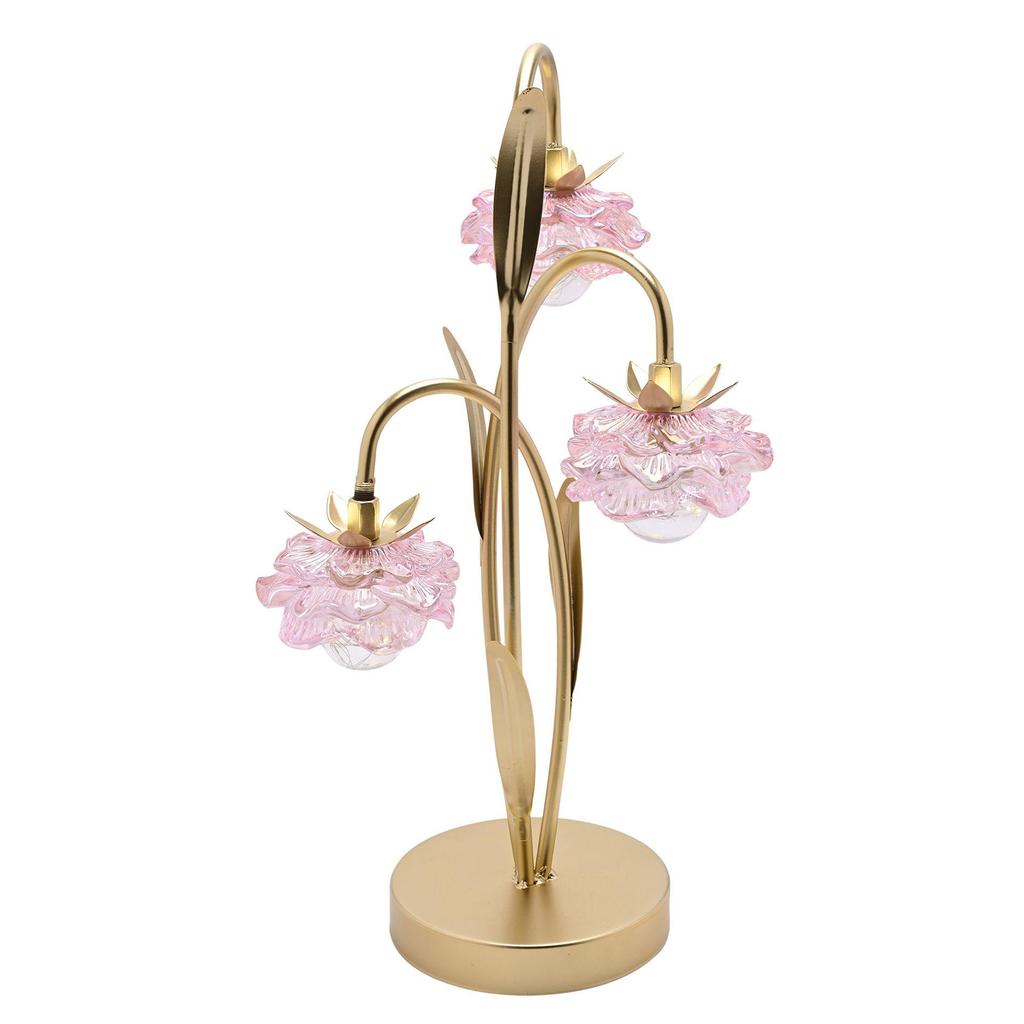 Hestia 3-armad LED-lampa med rosa glasblomma och guldfärgad bas