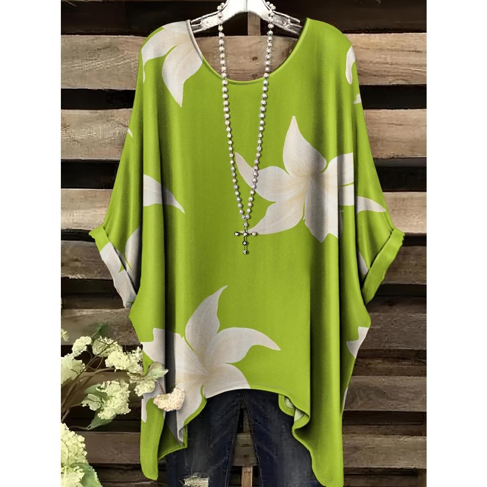 Women's Bohemian Flower Print T-Shirts Black Colorful Retro Full Body Graphic Y2k T-Shirts Summer Asymmetric Hemp&o- Neck Tops