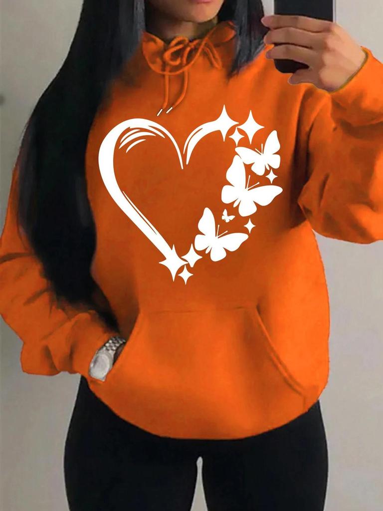 Women's Loose Fleece Hoodie with Love & Butterfly Print