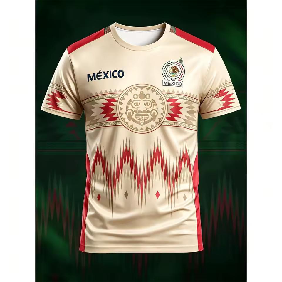 Men Mexico National Soccer Jersey Aztec Tribal Pattern 3D Print Short Sleeve Football Shirt Breathable Sport Fan Training Tops