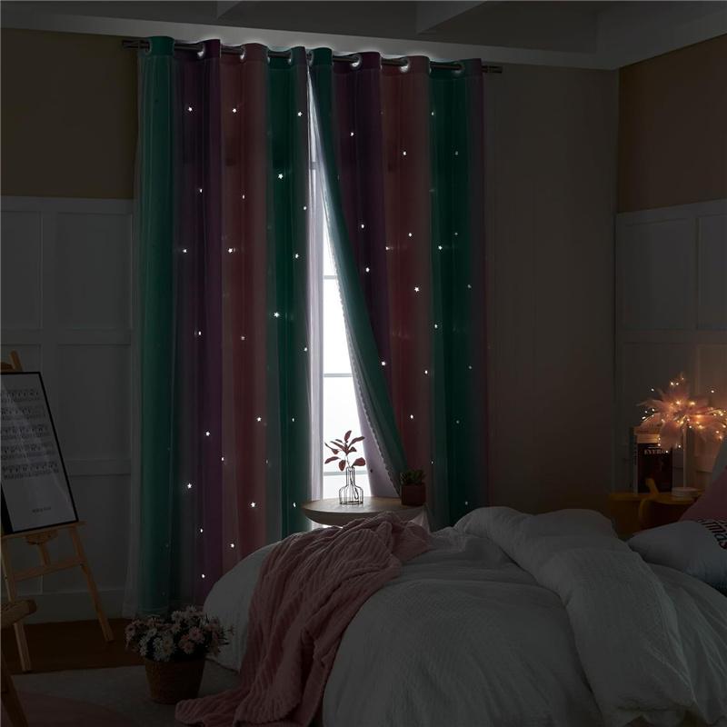 Double Layer Gradient Rainbow Blackout Curtains with Star Cutouts for Kids Room Bedroom Living Room Decor
