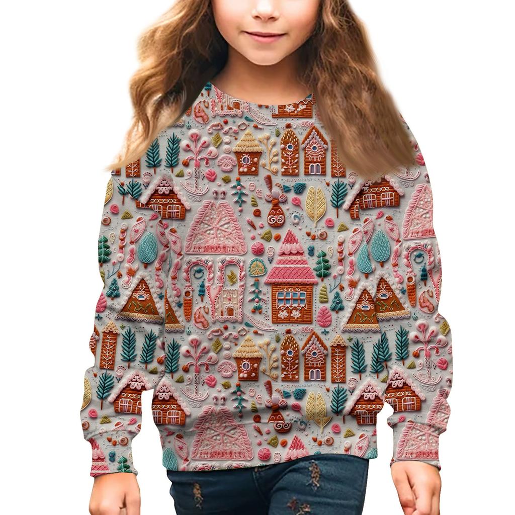 Girls Round Neck Pullovers For Kids Christmas Day Embroidery Printed Tops